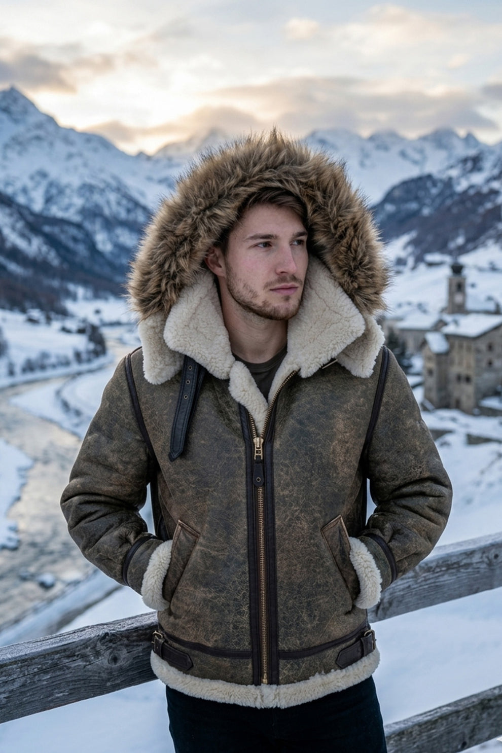 Aviator Jackets\B014 RAF B3 Detachable Hood Aviator Winter Khaki Men's Jacket