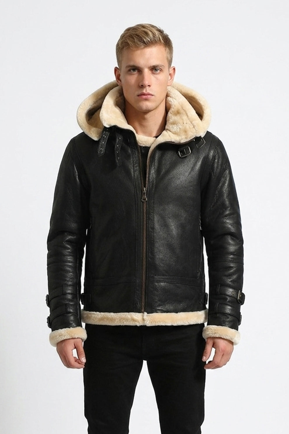 B001 B3 Black Removable Hood Fur Shearling Genuine Leather Bomber Black Jacket For Men