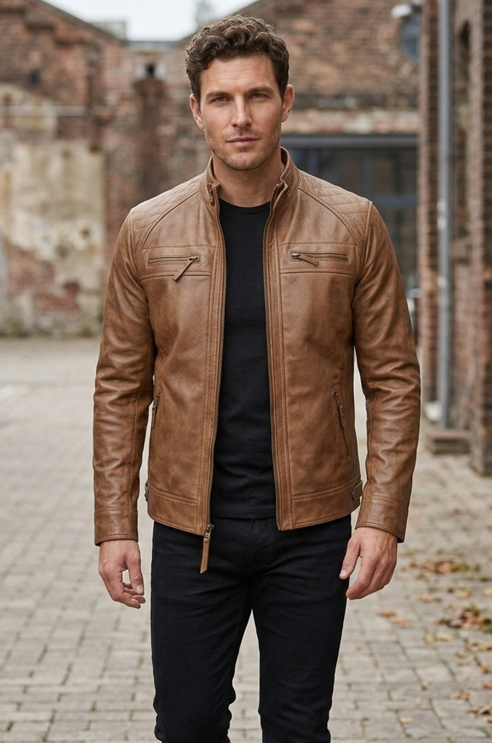 New Men Army Style Classic Motorcycle Biker Real Leather Genuine Jacket Brown