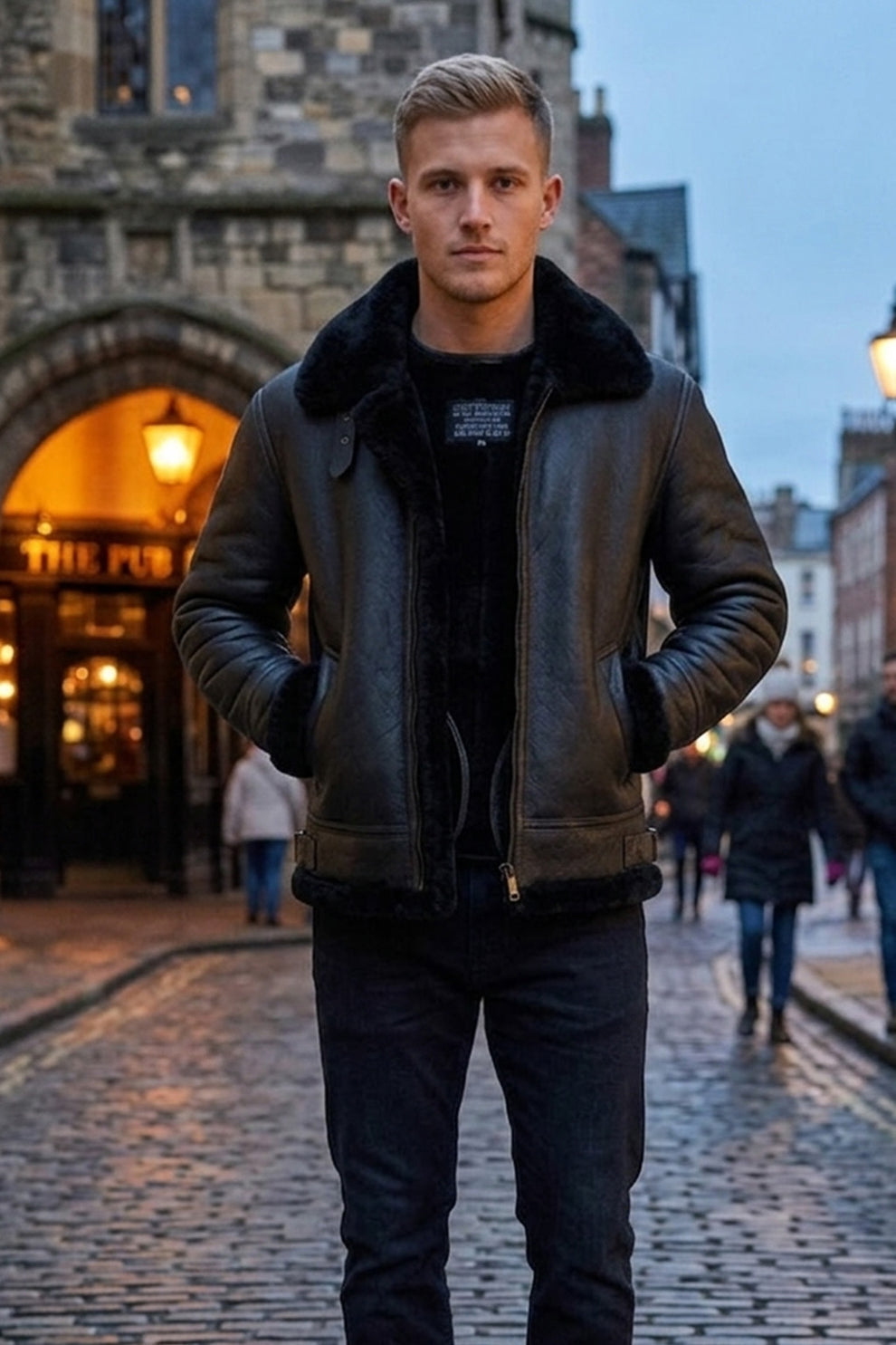 B004 Men's Black Aviator Real Sheep Leather Genuine Fur Biker Winter Jacket  On Sale