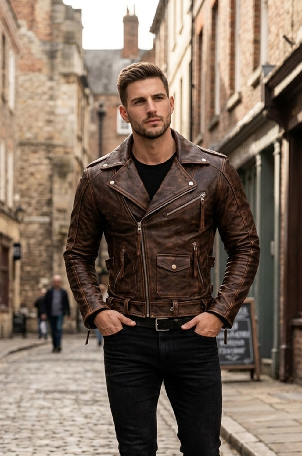 Men Army Style Brown Vintage Motorcycle Real Leather Biker Classic Jacket