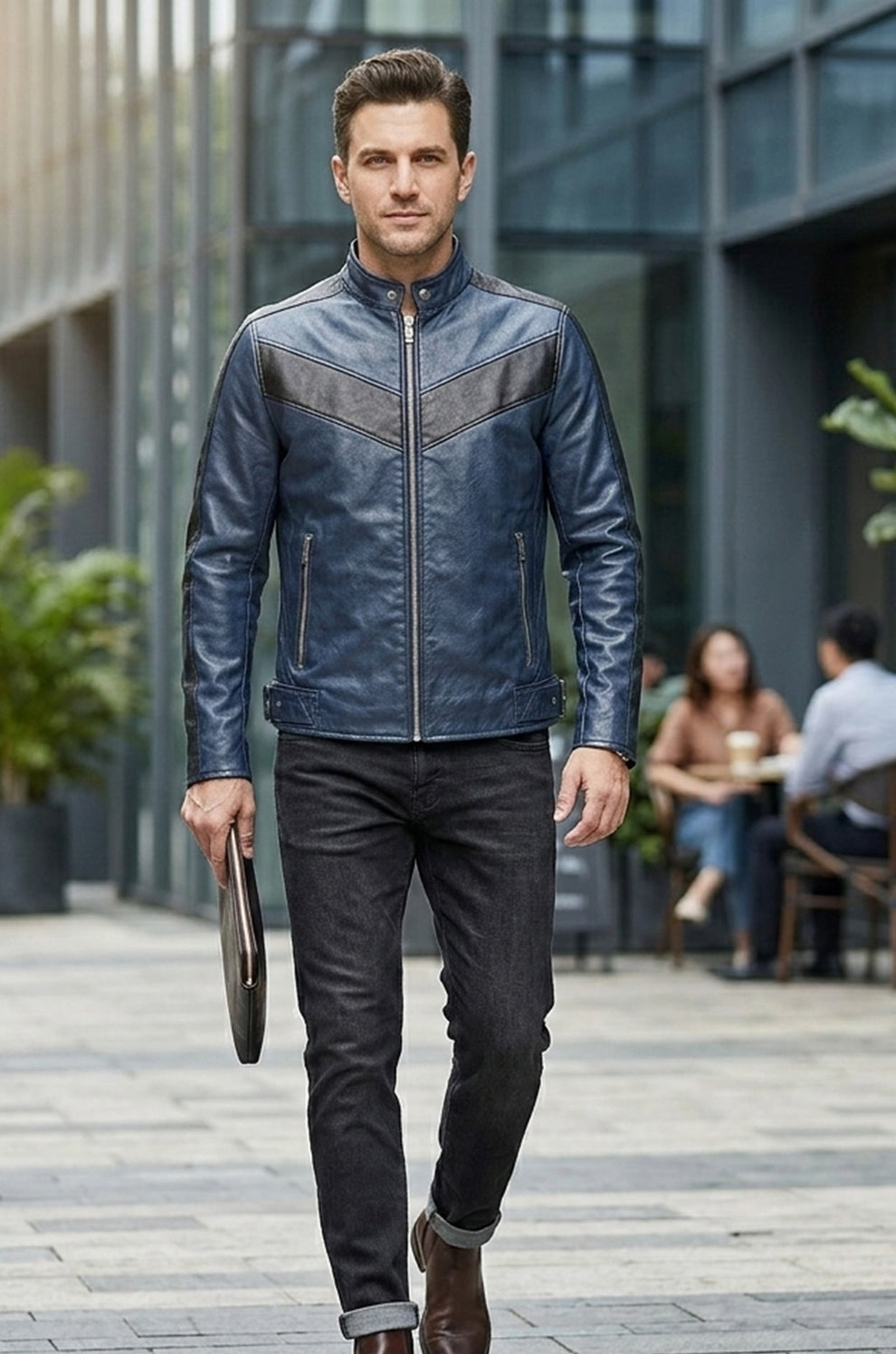 Navy Blue Motorcycle Leather Style Classic Men's Genuine Biker Jacket