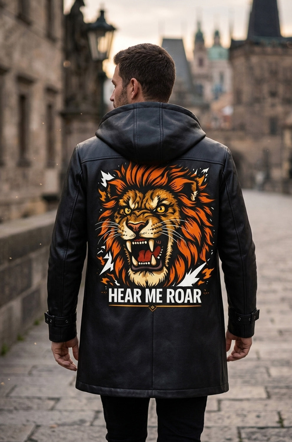Men's Print Jackets\MP008 Hear Me Roar Lion Graphic Hooded Leather Coat - Men's Long Black Trench Jacket