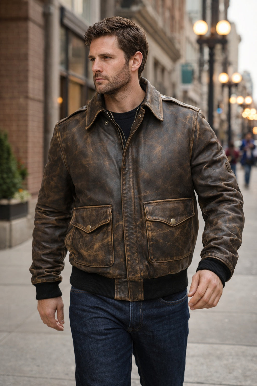 Brown Aviator Distress A-2 Flying Army Style Bomber Flight Jacket For Men