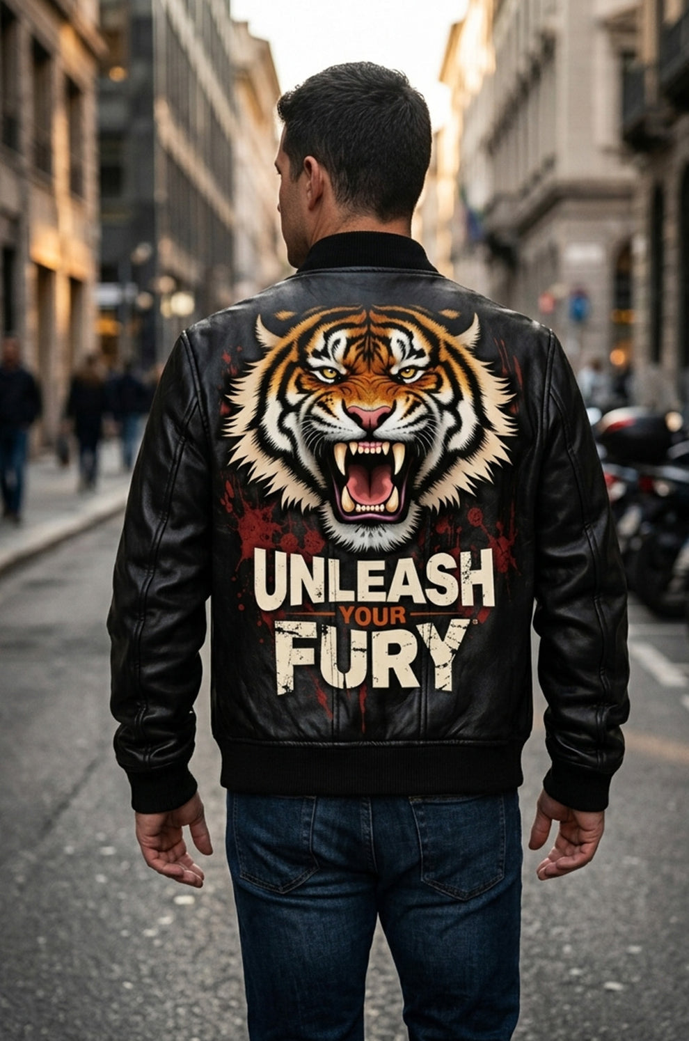 Men's Print Jackets\MP010 Unleash Your Fury Tiger Leather Bomber Jacket - Men's Aggressive Graphic Flight Jacket