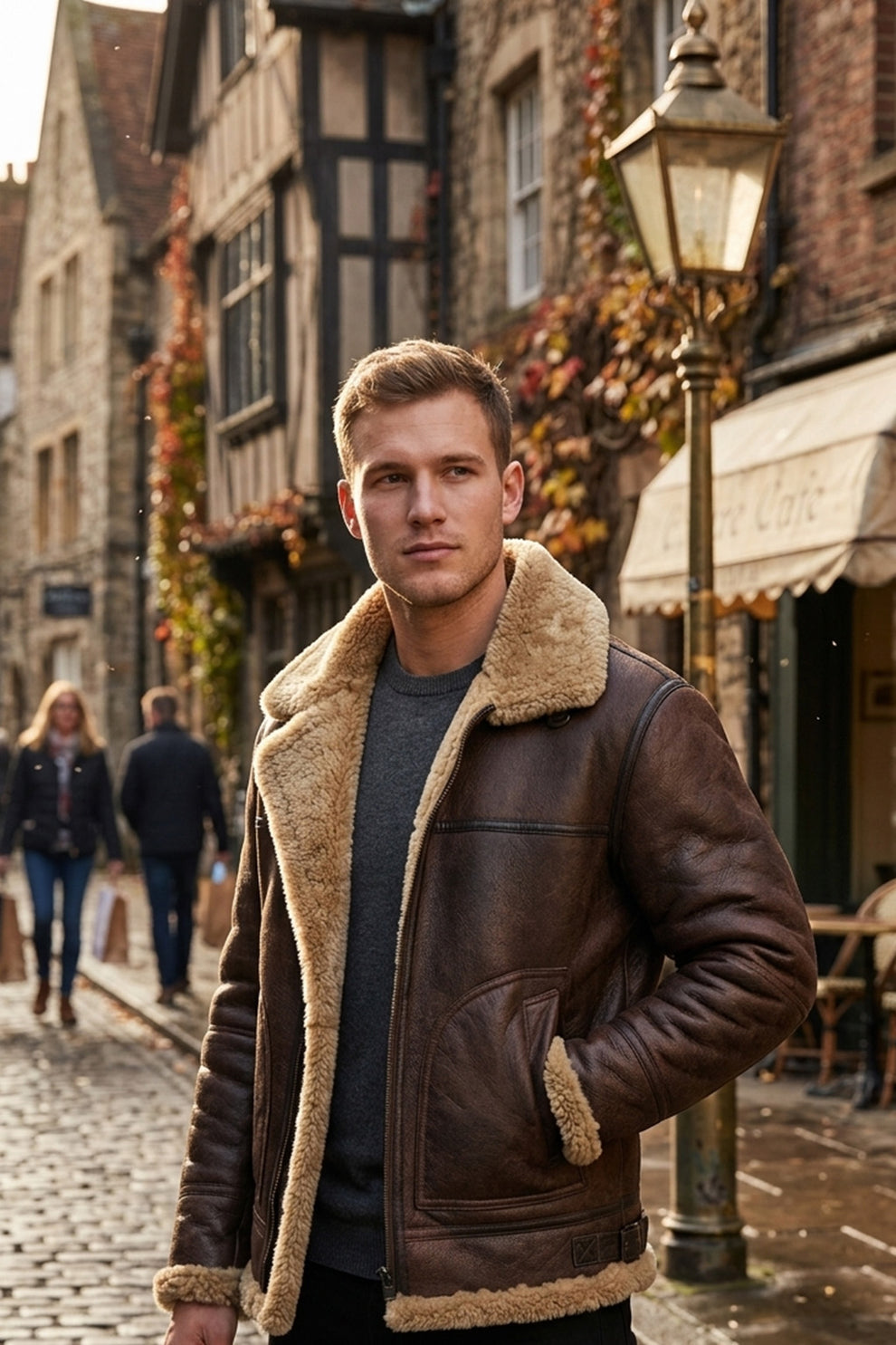 Aviator Jackets\B034 B3 Flight Bomber Brown Aviator Army Style Real Leather Jacket