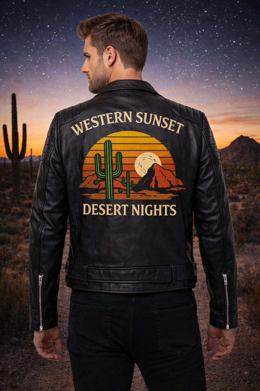Men's Print Jackets\MP013 Western Sunset Desert Nights Retro Leather Biker Jacket - Vintage Cactus Design