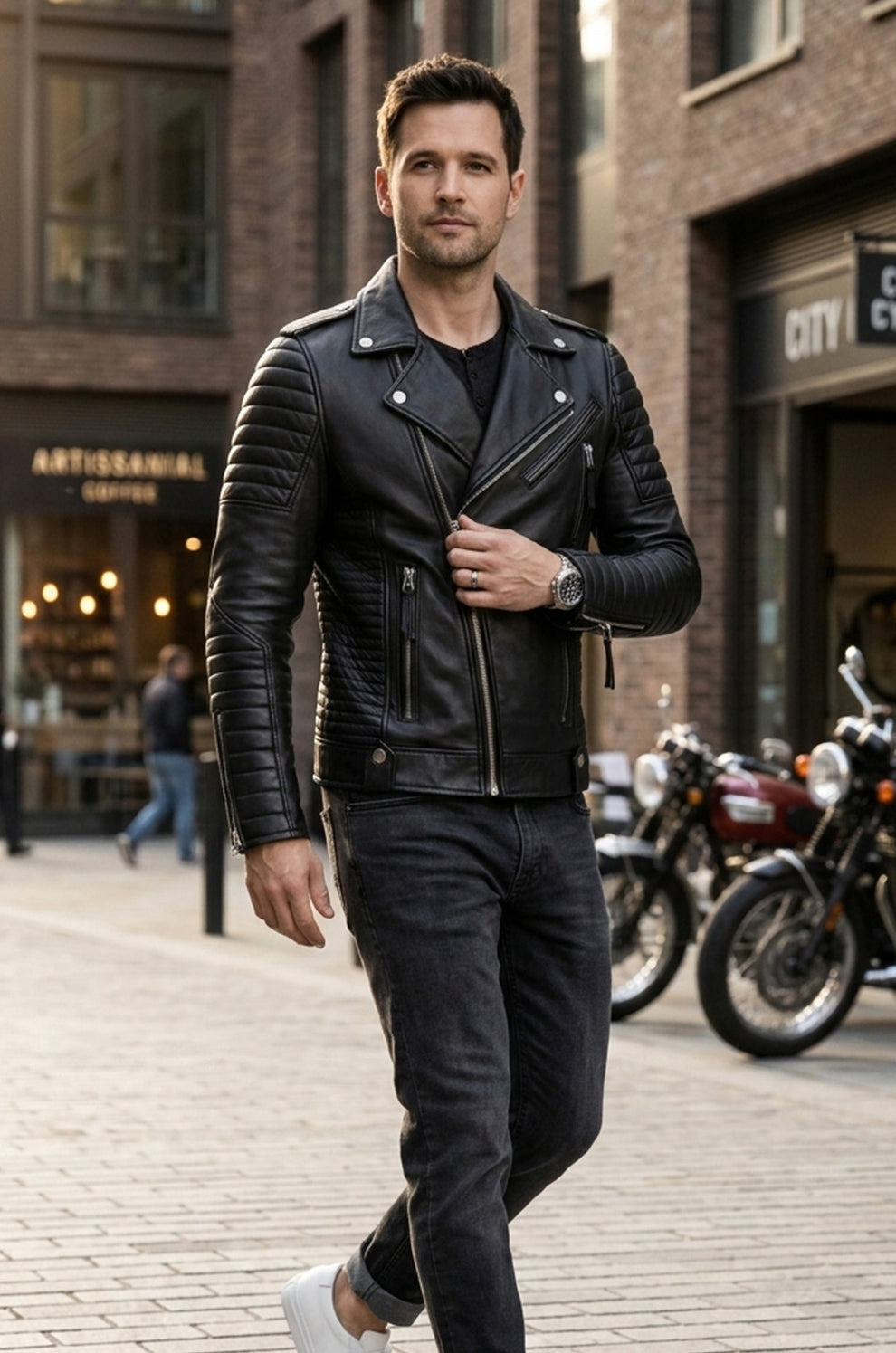 Slim fit Men's Motorcycle Bomber Biker Quilted Black Real Leather Jacket