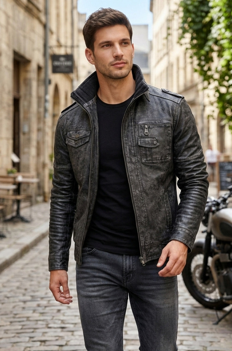 Aviator Jackets\Men Vintage Black Classic Distress Wax Motorcycle Real Leather Biker Jacket