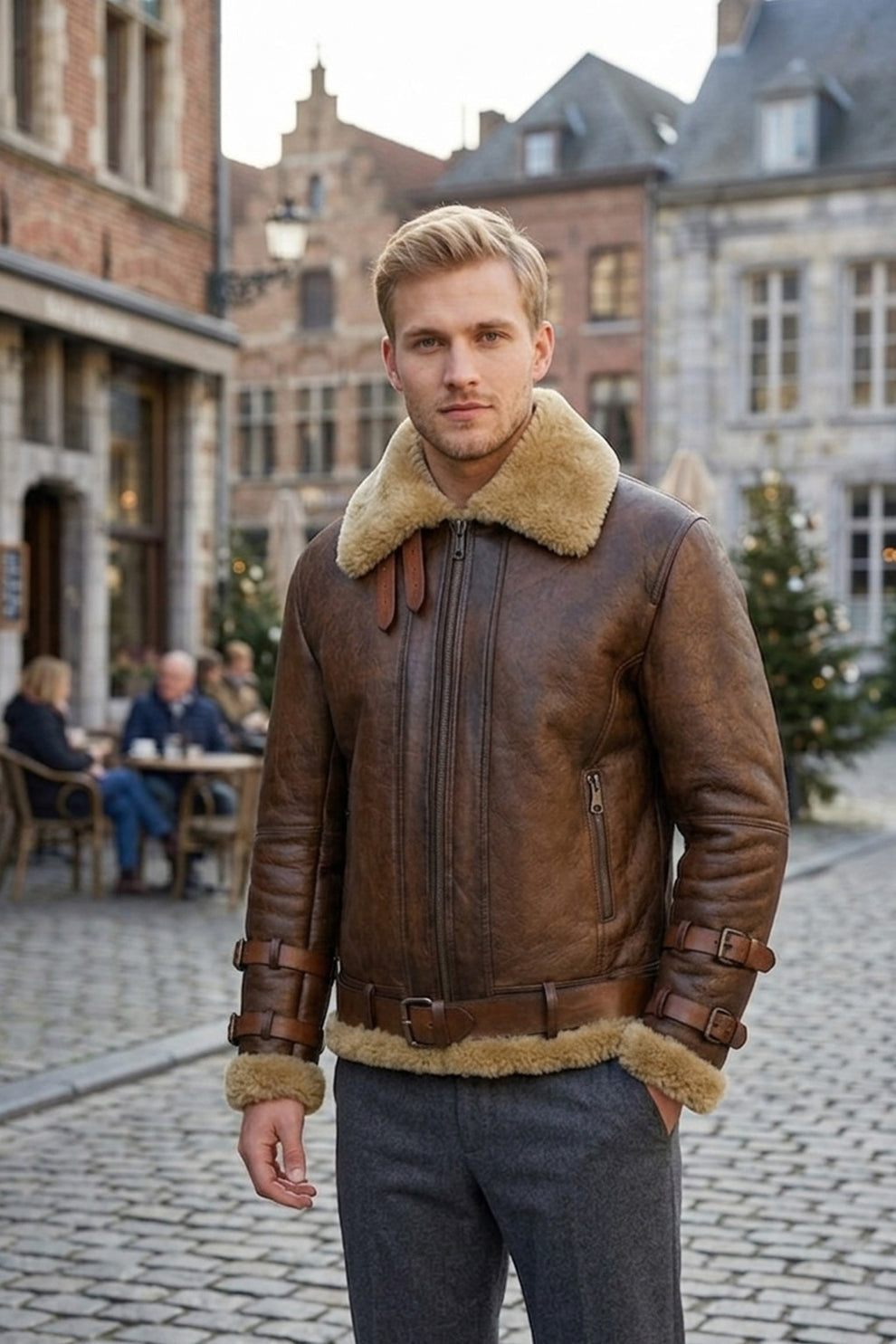 Aviator Jackets\B021 Men's Real Shearling Sheepskin Leather Pilot Aviator Flying Jacket