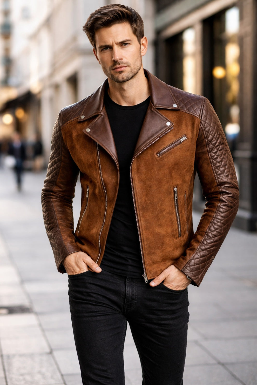 Men's Cafe Racer Stylish Biker Real Leather Suede Brown Jacket