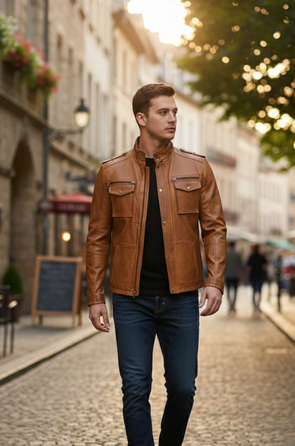Men's Motorcycle Real Leather Tan Brown Distressed Moto Biker Jacket