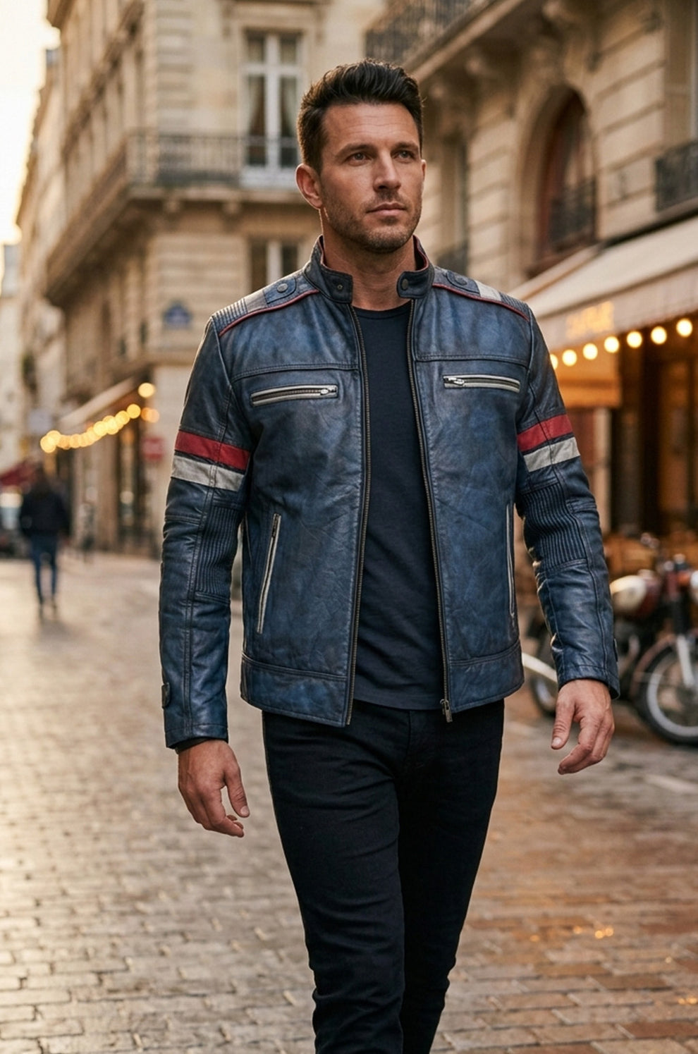 Blue Cafe Racer Vintage Biker Distressed Motorcycle Jacket For Men