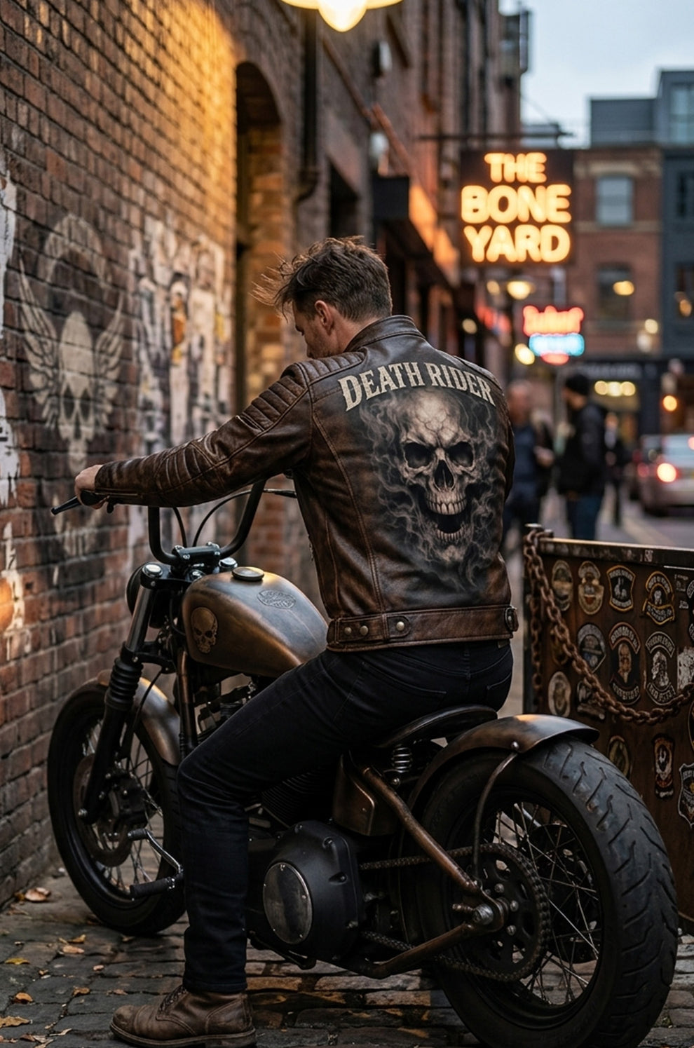 Men's Print Jackets MP002 Death Rider Vintage Leather Jacket - Skull & Smoke Biker Design