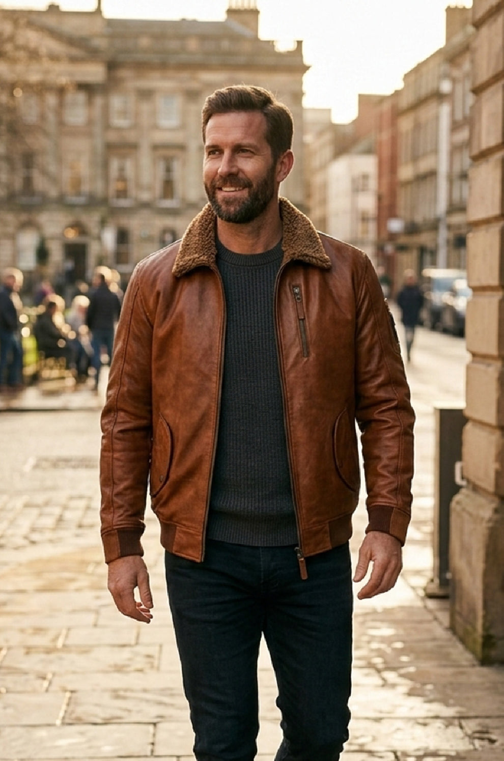 Men's Genuine Leather Hooded Fur Bomber Retro Aviator Brown Stylish Jacket