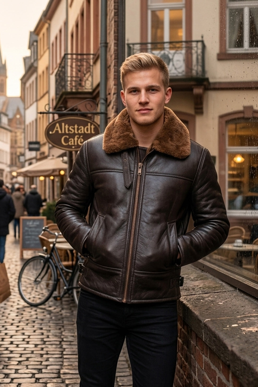Aviator Jackets\B024 Fur Shearling Men Warm Bomber Brown Genuine Leather Jacket Winter Coat