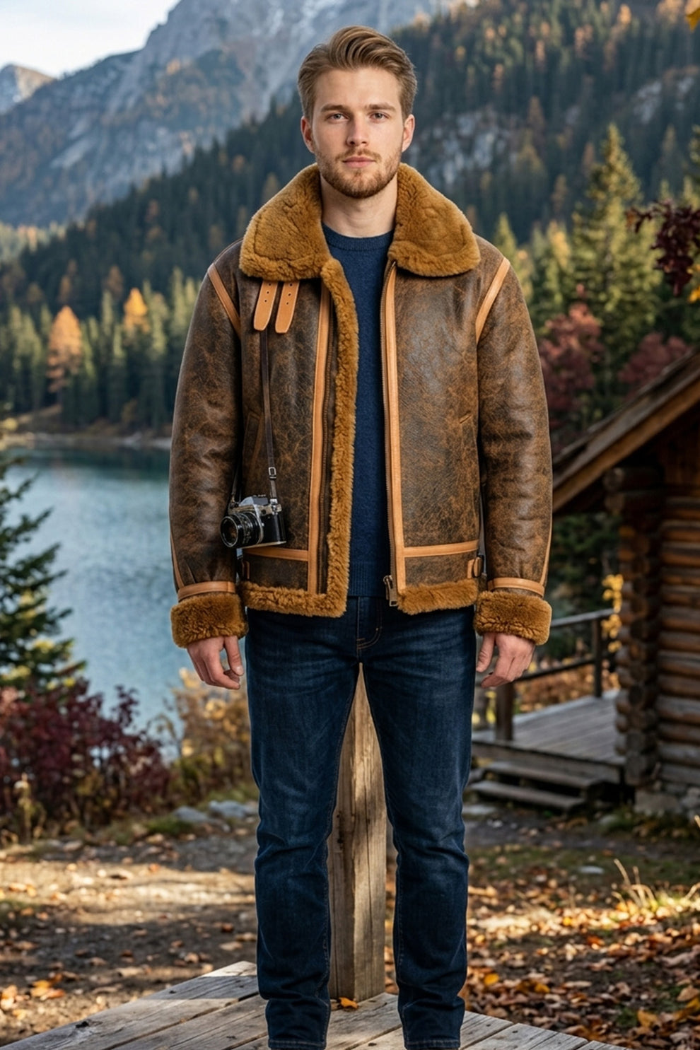 Aviator Jackets\B015 RAF Copper Brown Shearling Winter Fashion Bomber Real Aviator Jacket