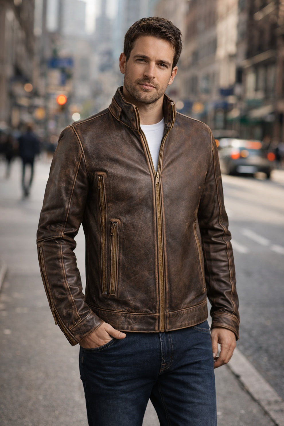 Cafe Racer Stylish Distressed Brown Biker Vintage Real Leather Men's Jacket