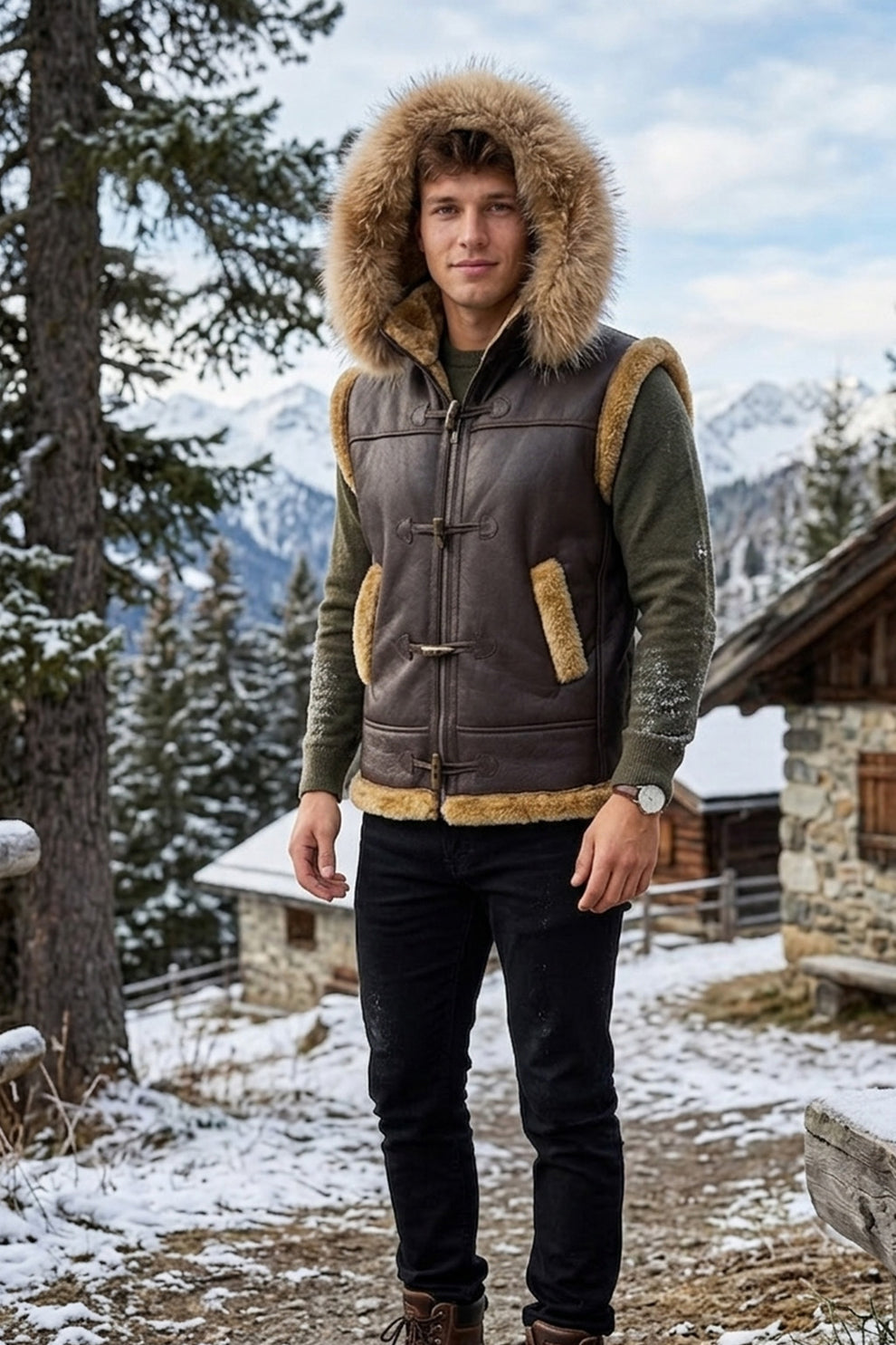 Aviator Jackets\B017 RAF Fur Shearling Brown Hood Genuine Leather Jacket Men's Winter Fashion Vest