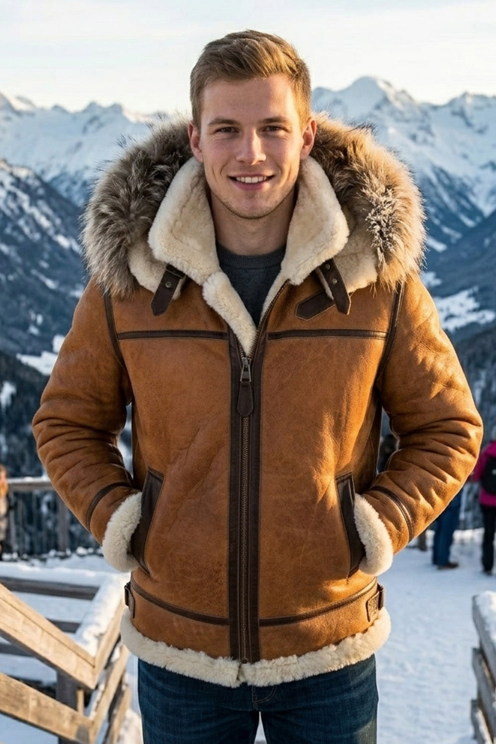 Aviator Jackets\B027 Men Classic Top Gun Real Leather B3 Jacket Dean Tan White Fox Fur Hood