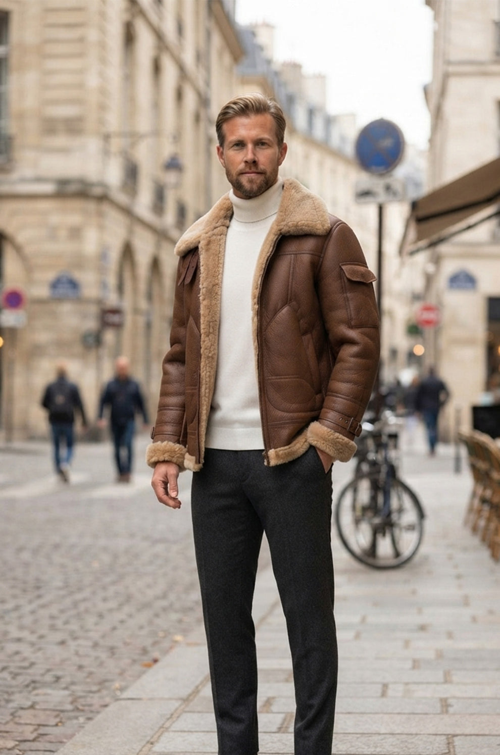 Aviator Jackets\B035 Men B3 Real Leather Aviator Bomber WW11 Shearling Jacket Black & Brown