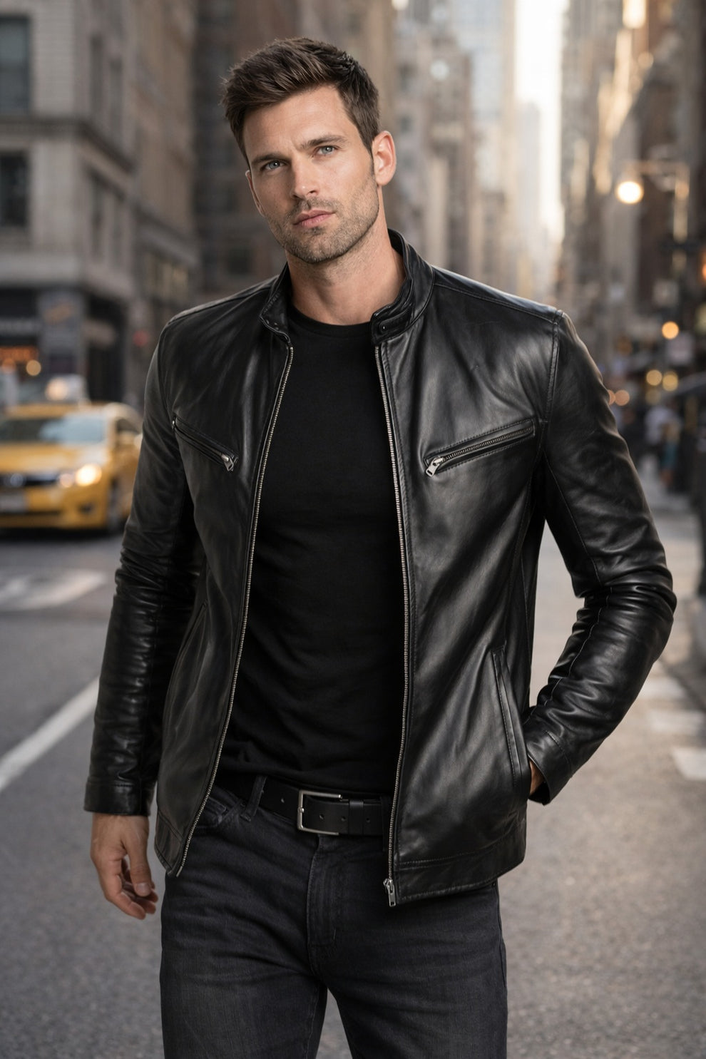 Cafe Racer Genuine Leather Men's Biker Jacket Black Motorcycle Coat