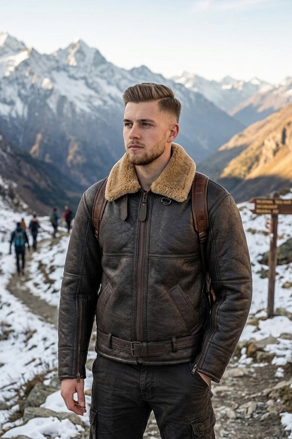 Aviator Jackets\B029 Men Real Leather Aviator Jacket with Fur Collar and Belted Waist