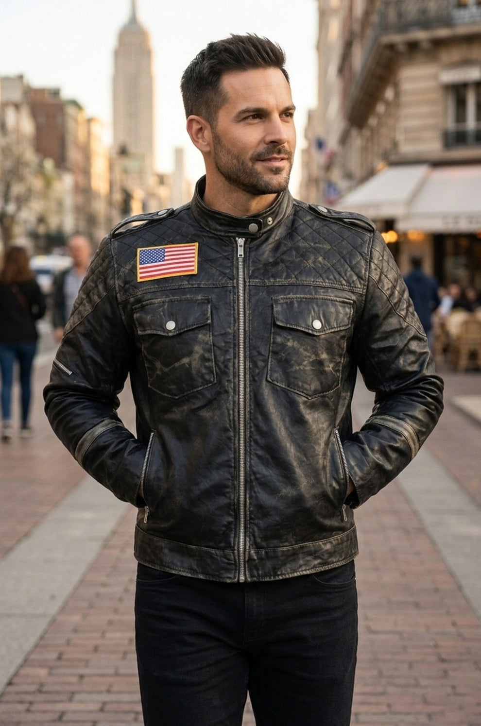 New US Flag Black Vintage Distressed Moto Retro Jacket