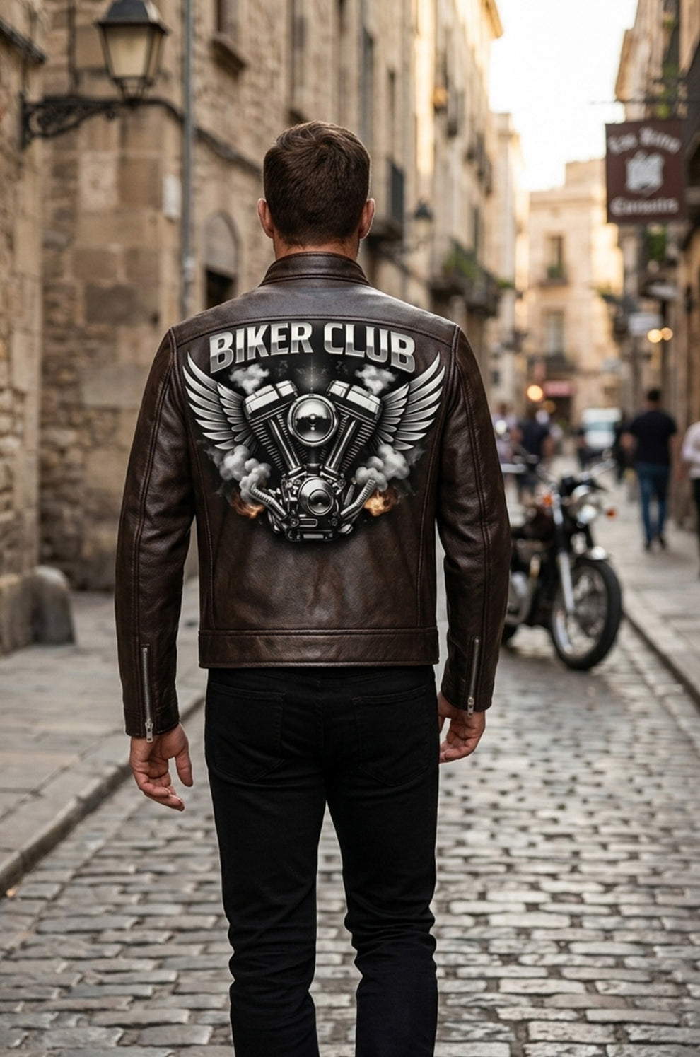 Men's Print Jackets\MP012 Biker Club V-Twin Engine Leather Jacket - Winged Motor Graphic Cafe Racer