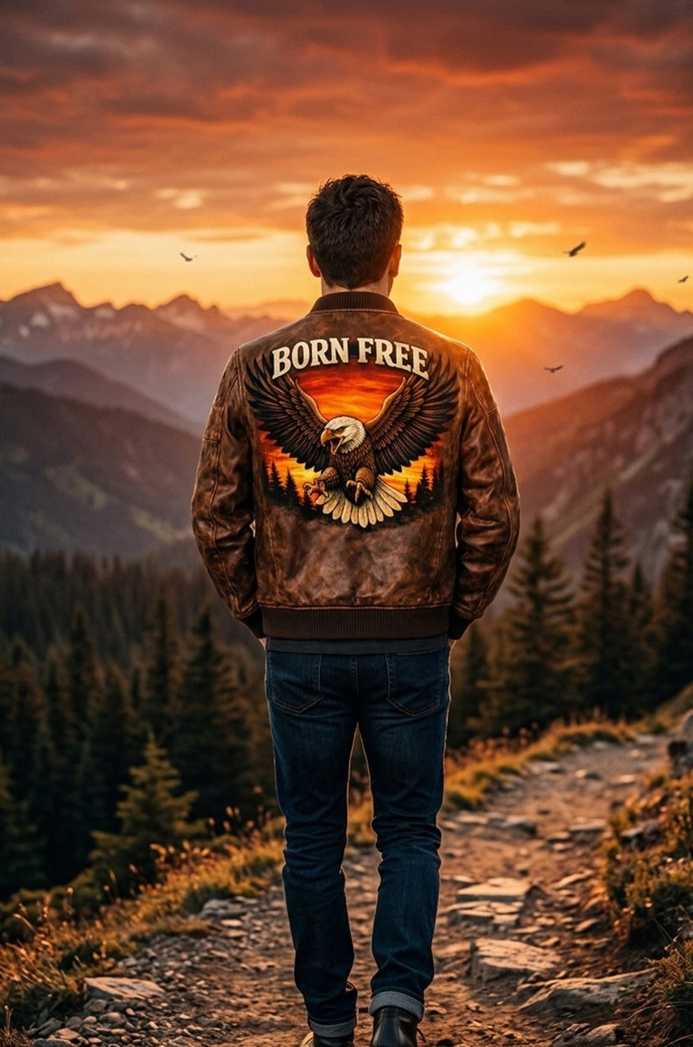 Men's Print Jackets MP009 Born Free Eagle Vintage Leather Bomber Jacket - Patriotic Bald Eagle Flight Jacket