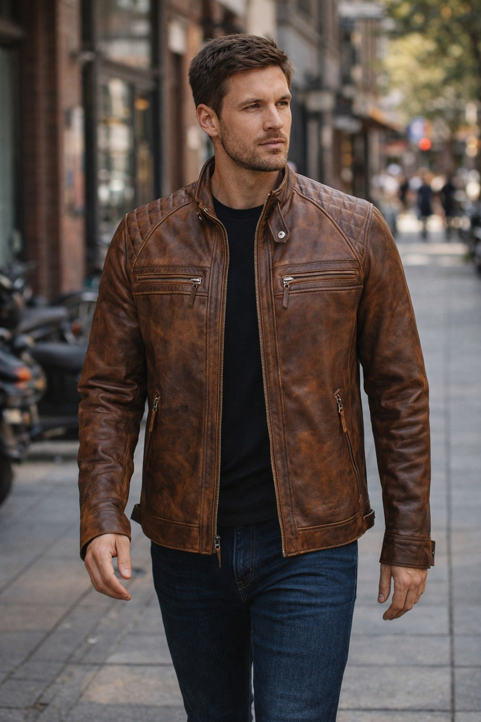 Men's Biker Quilted Brown Vintage Distressed Motorcycle Jacket