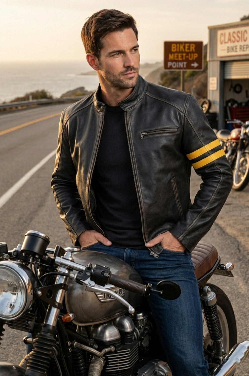 Biker Support Distressed Café Racer Men Black Retro Leather Jacket with protectors