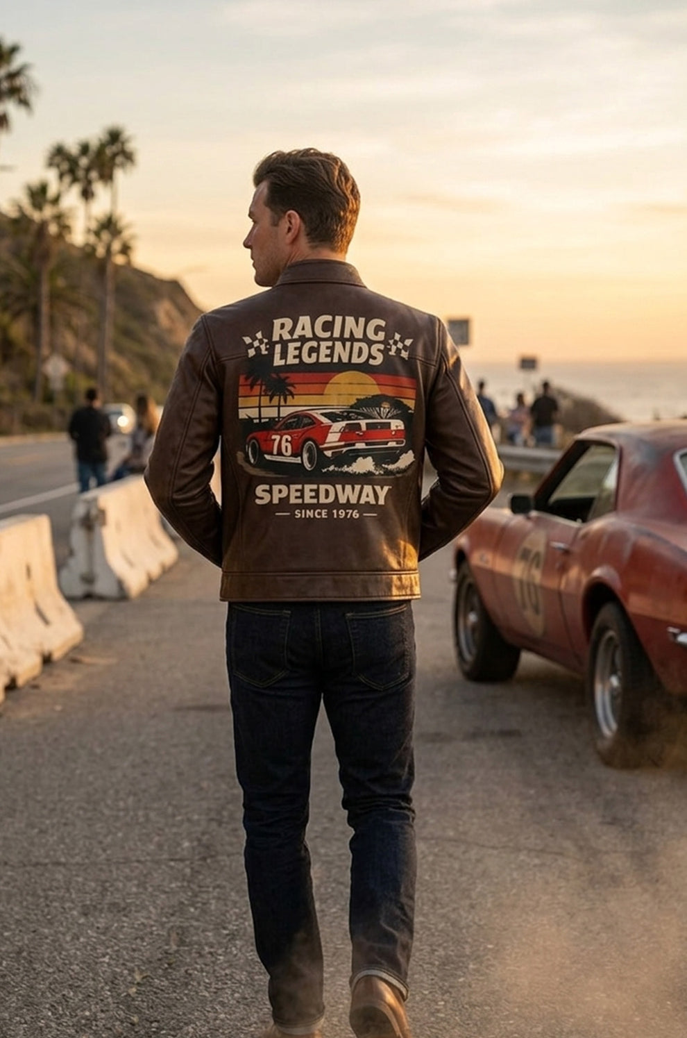Men's Print Jackets\MP003 Racing Legends Speedway Vintage Leather Jacket - Retro Muscle Car Design