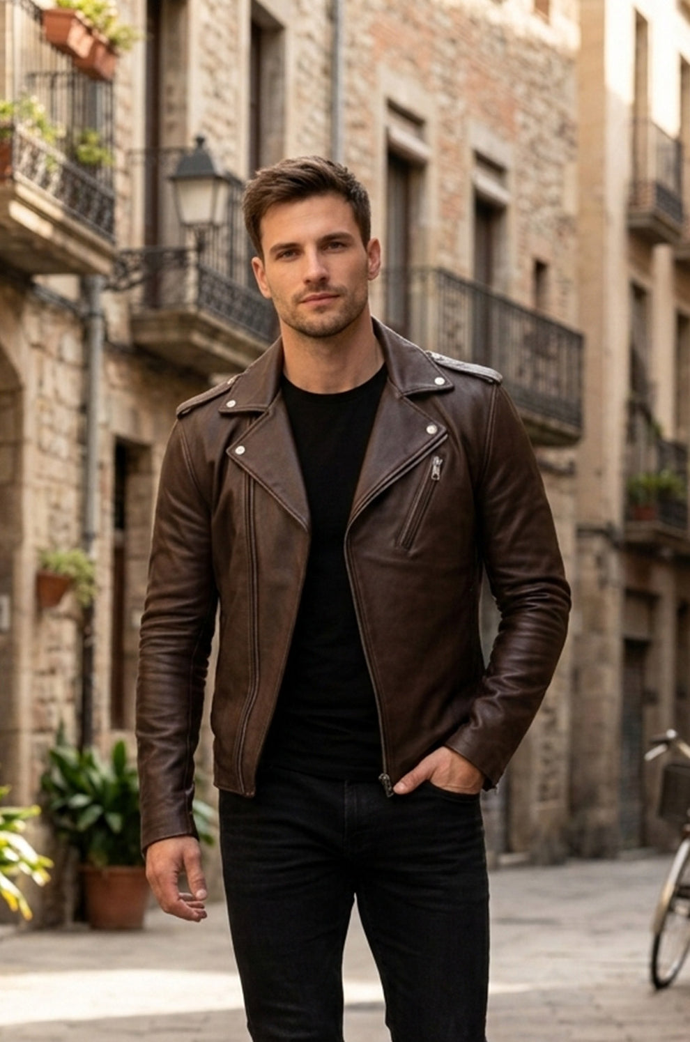 Men New Classic Army Style Real Leather Biker Casual Jacket Brown