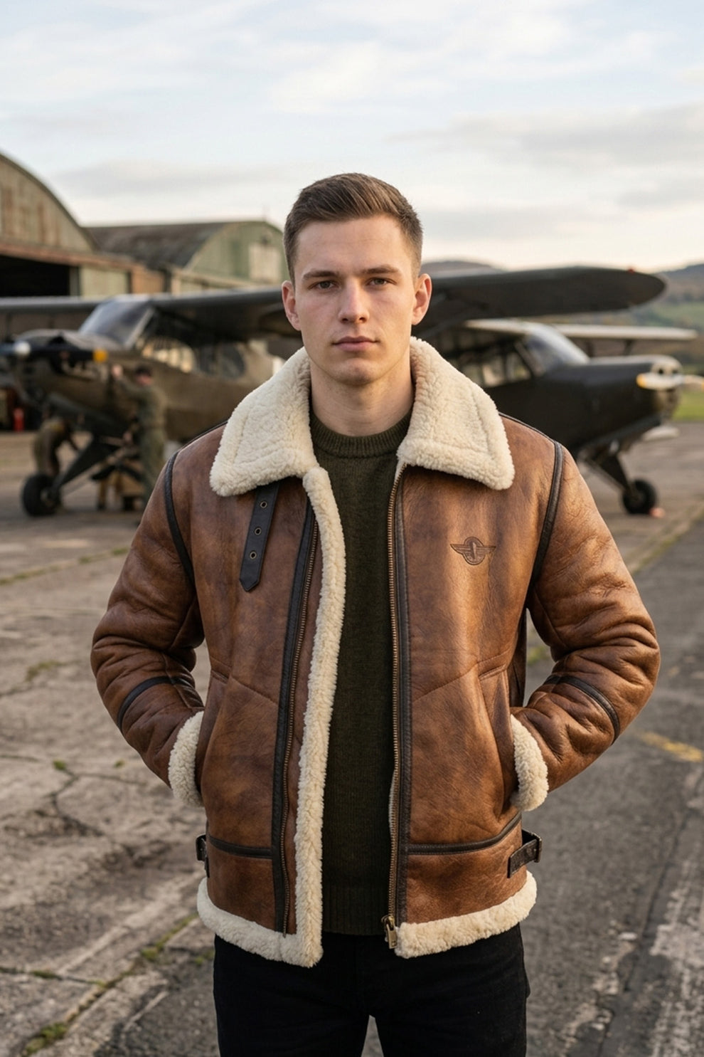 Aviator Jackets\B023 Men's Fashion Fur Shearling Brown Bomber Winter Warm Real Leather Jacket