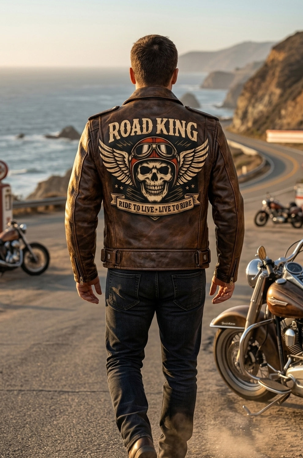 Men's Print Jackets\MP007 Road King Vintage Leather Jacket - Winged Skull & Ride to Live Biker Design