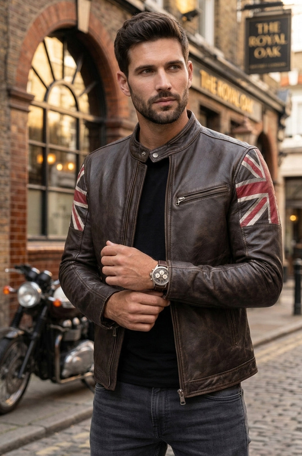 UK Flag Cafe Racer Stylish Brown Biker Vintage Men's Jacket