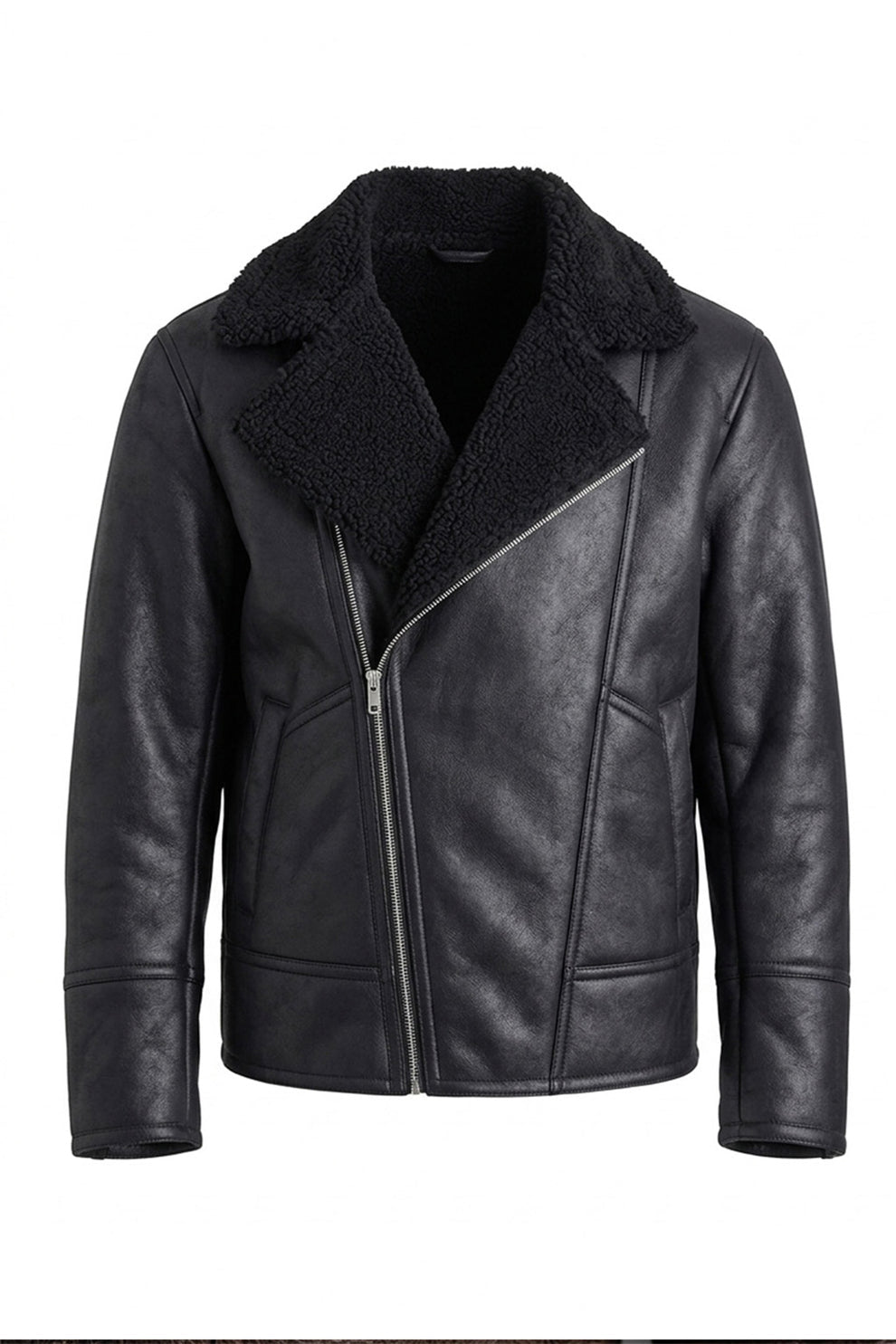 Aviator Jackets\B030 Men Real Leather Aviator Jacket Black Sheep shearling Fur Collar