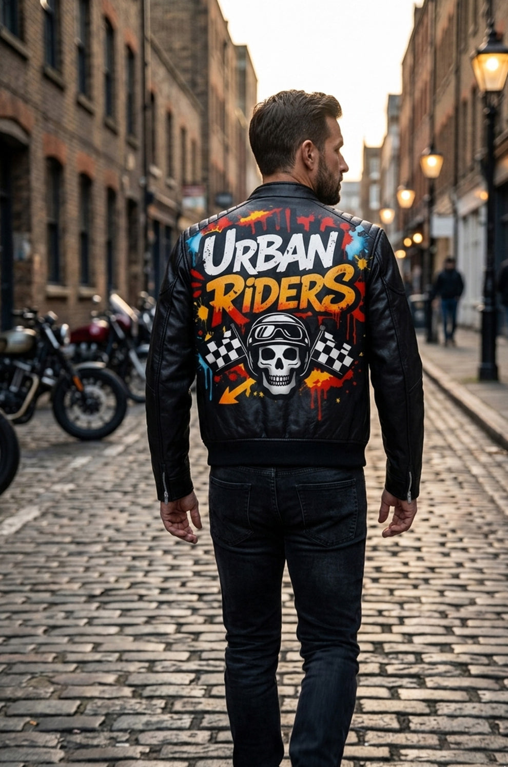 Men's Print Jackets\MP014 Urban Riders Graffiti Skull Leather Jacket - Street Art Bomber Style