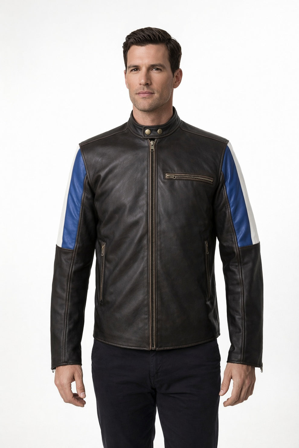 Men's Genuine Leather Cafe Racer Brown France Flag Jacket