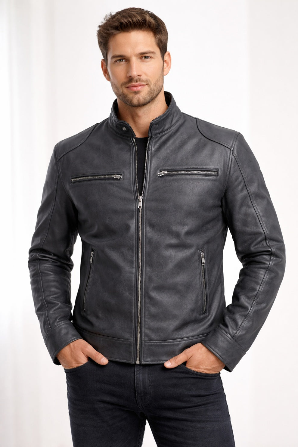 Cafe Racer Retro M042 Men's Black Real Leather Jacket