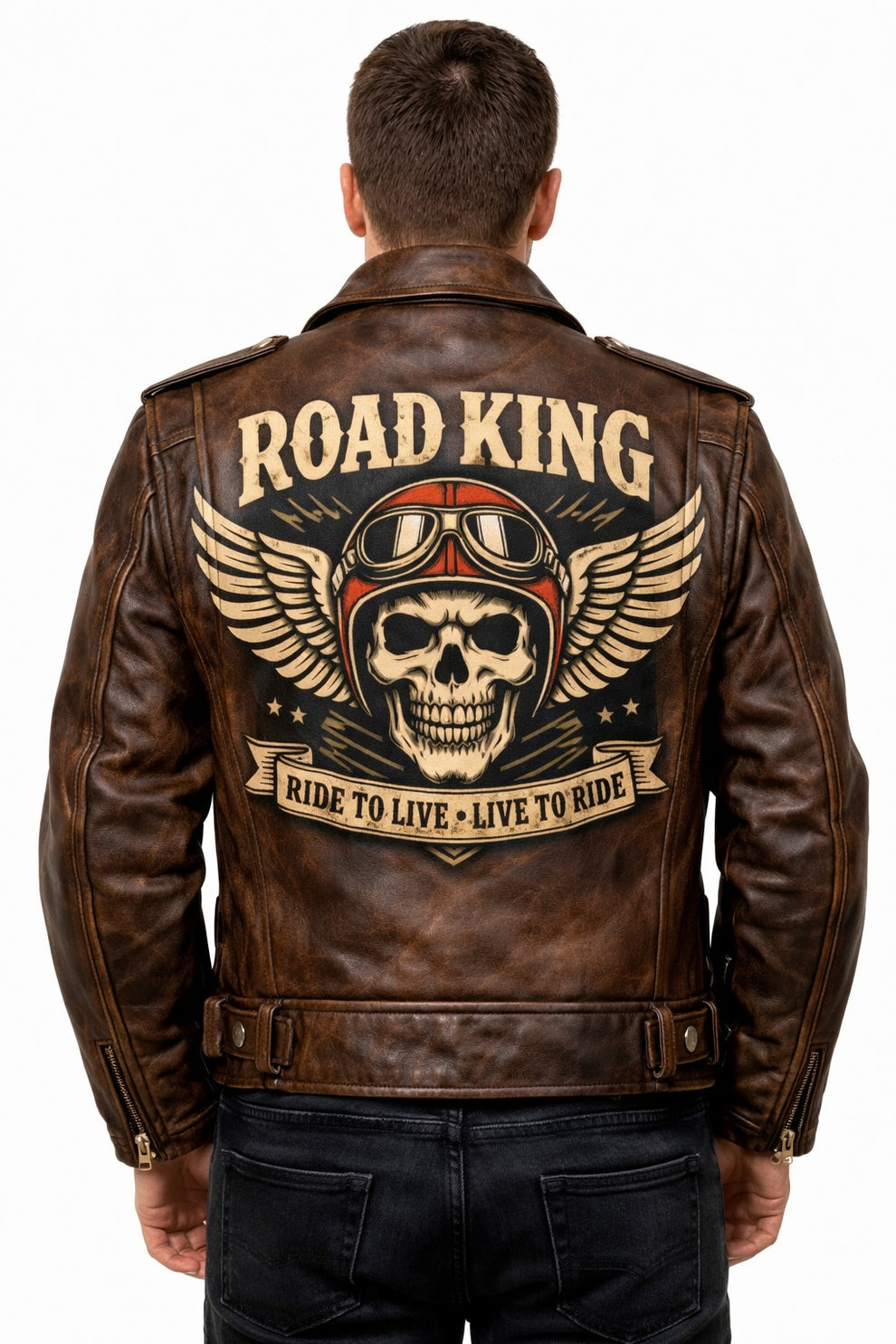 Men's Print Jackets\MP007 Road King Vintage Leather Jacket - Winged Skull & Ride to Live Biker Design