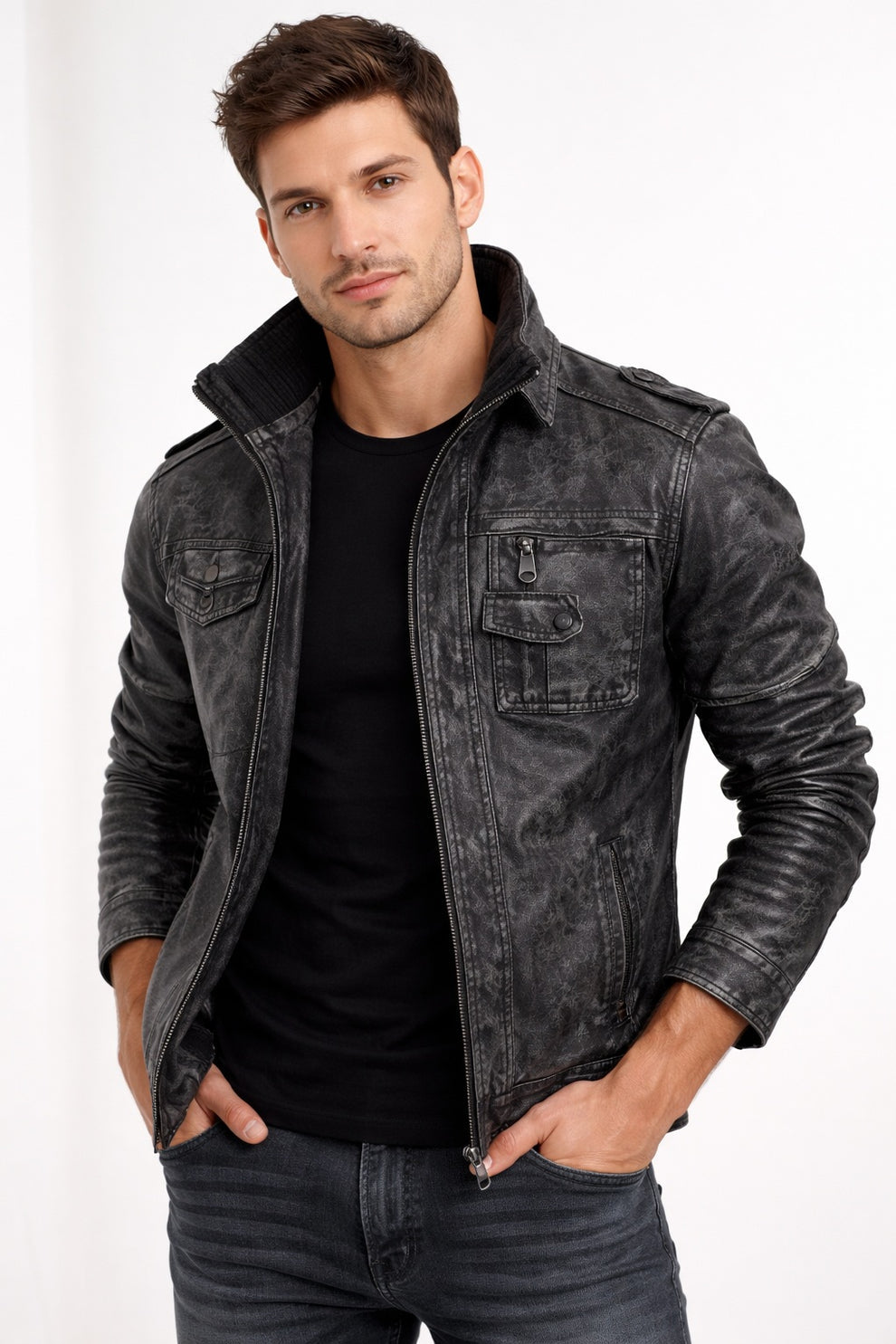 Aviator Jackets\Men Vintage Black Classic Distress Wax Motorcycle Real Leather Biker Jacket