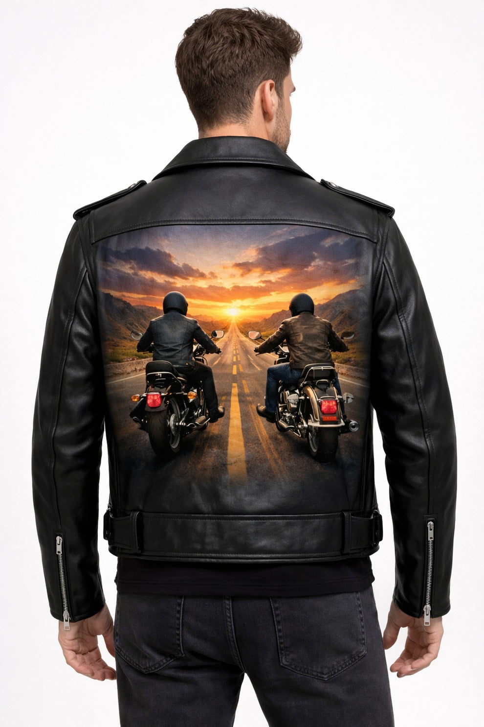 Men's Print Jackets\MP004 Sunset Riders Brotherhood Leather Jacket - Two Bikers Riding Into Sunset Design