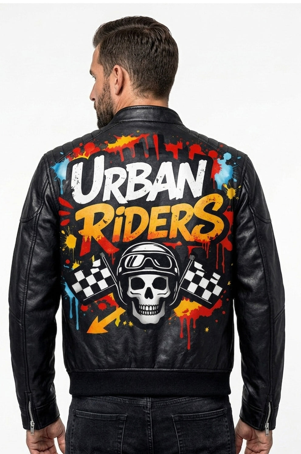 Men's Print Jackets\MP014 Urban Riders Graffiti Skull Leather Jacket - Street Art Bomber Style