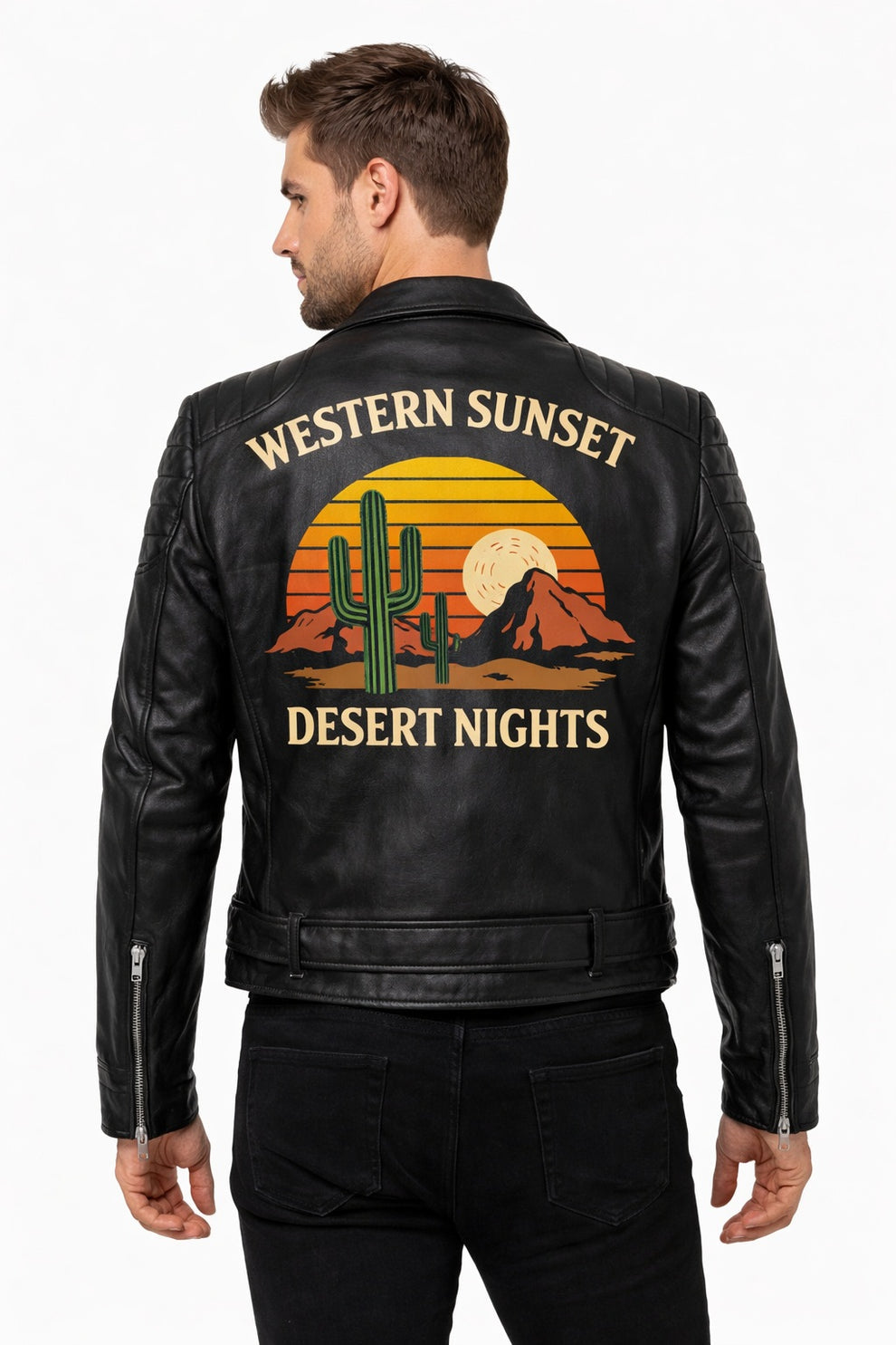Men's Print Jackets\MP013 Western Sunset Desert Nights Retro Leather Biker Jacket - Vintage Cactus Design