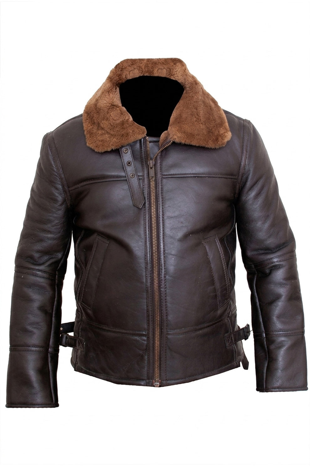 Aviator Jackets\B024 Fur Shearling Men Warm Bomber Brown Genuine Leather Jacket Winter Coat