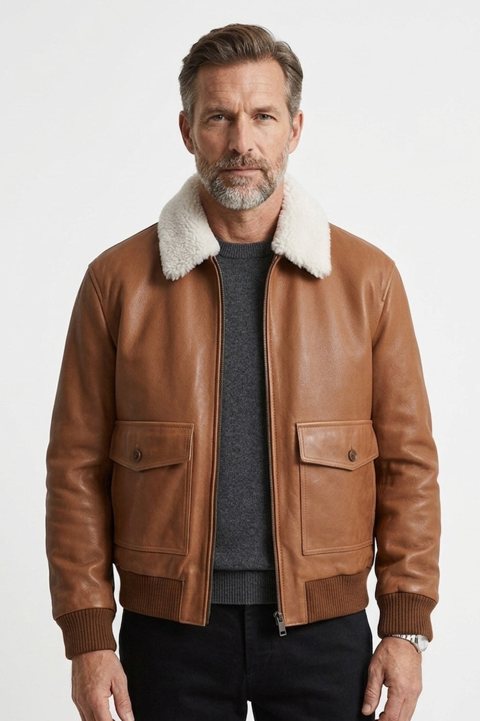 A003 Men Real Leather Classic Coat Cocoa Brown Army Classic Aviator Jacket Fur Collar