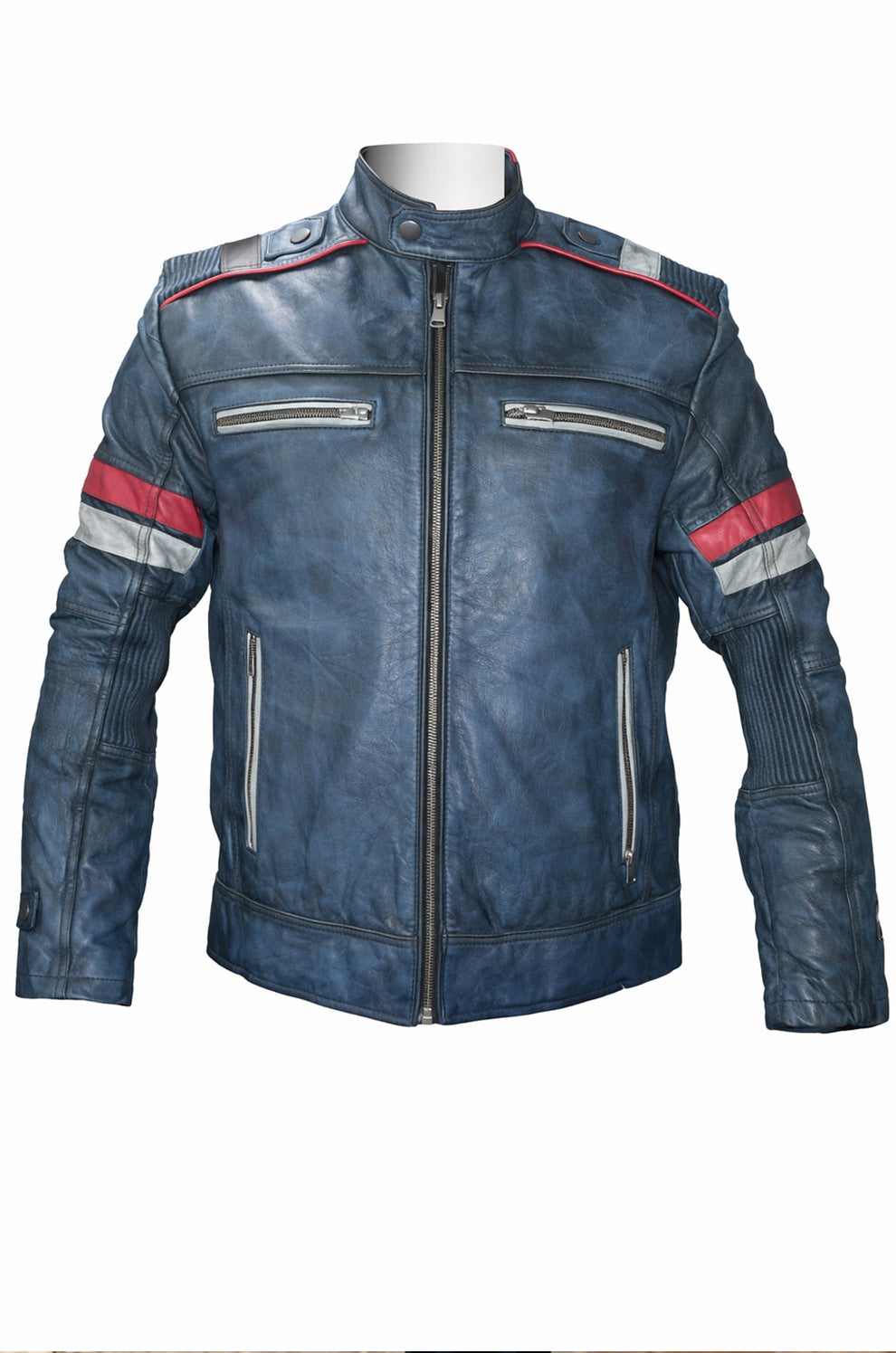 Blue Cafe Racer Vintage Biker Distressed Motorcycle Jacket For Men