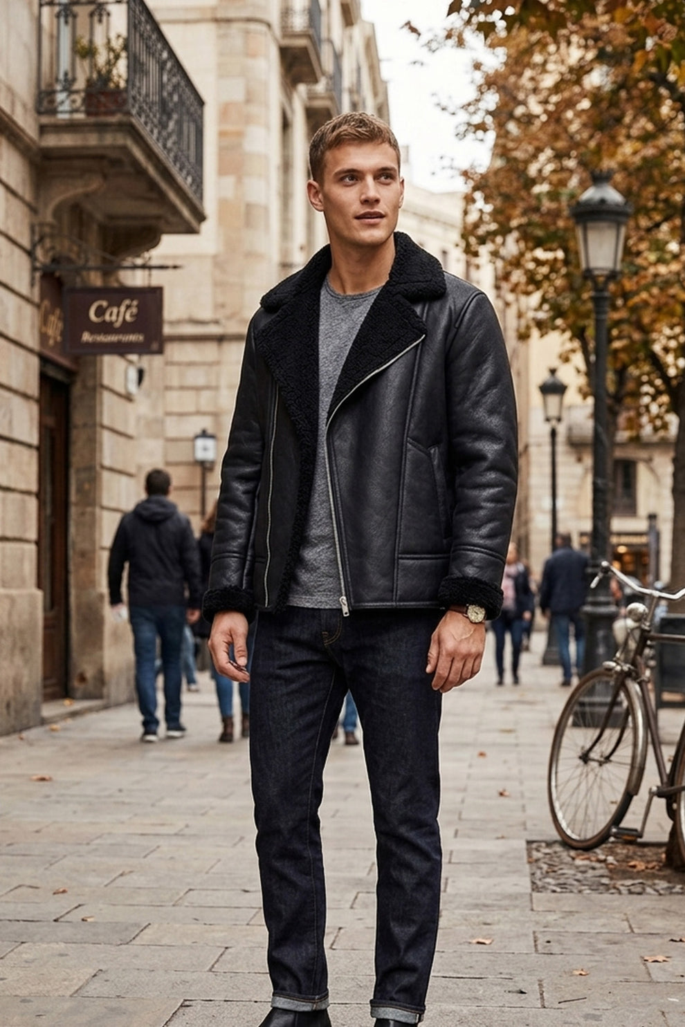 Aviator Jackets\B030 Men Real Leather Aviator Jacket Black Sheep shearling Fur Collar